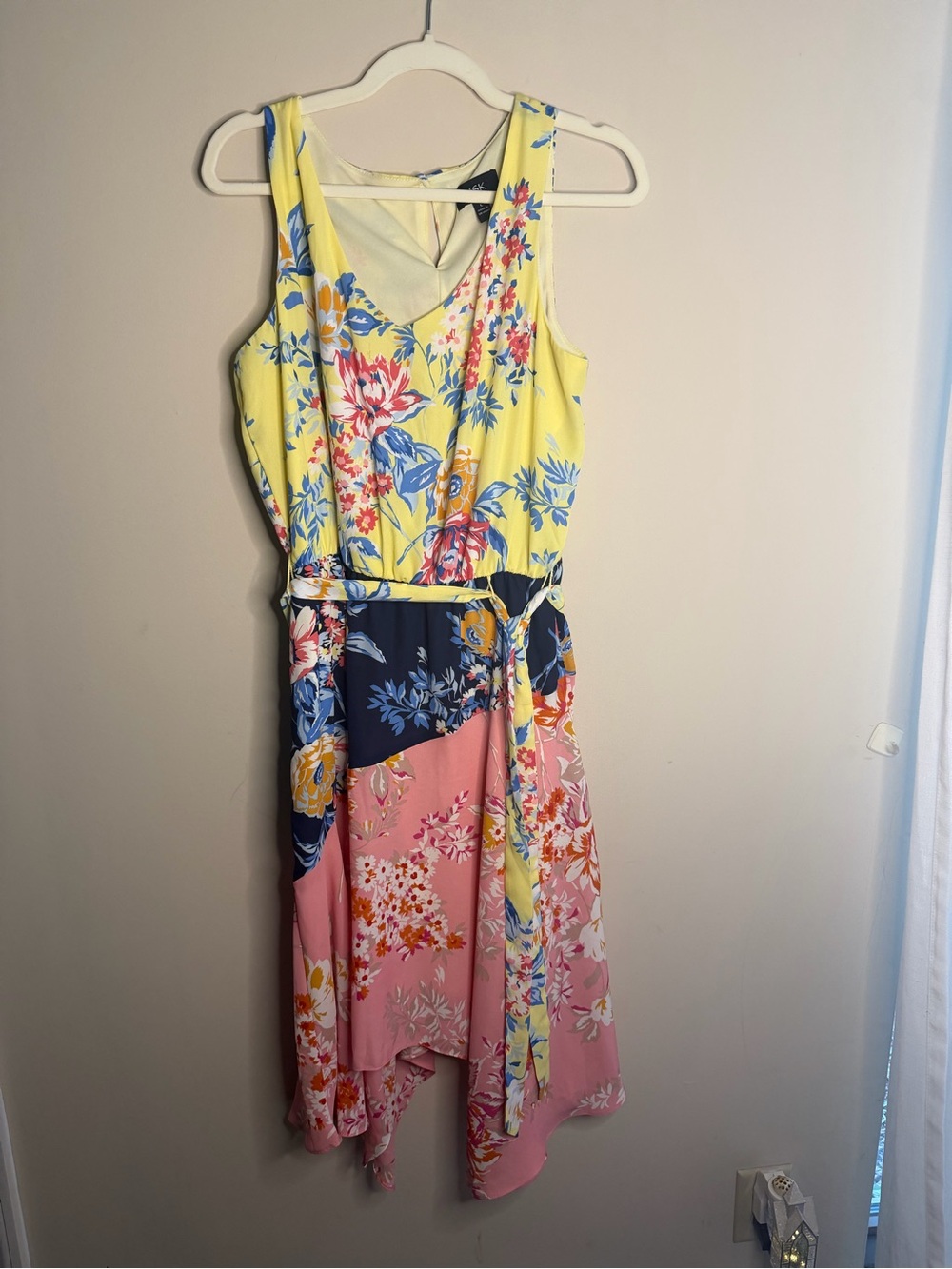 MSK Yellow, Pink & Navy Floral Colorblock Sleeveless Dress